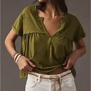 Pilcro Anthropologie Women M Olive Green Short Sleeve Babydoll Henley Tee NWOT